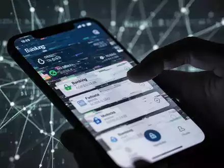 Ein Smartphone-Bildschirm zeigt eine verzerrte Banking-App, eine schemenhafte Hand greift danach. Im Hintergrund leuchten Datenlinien. - Foto: über boerse-global.de