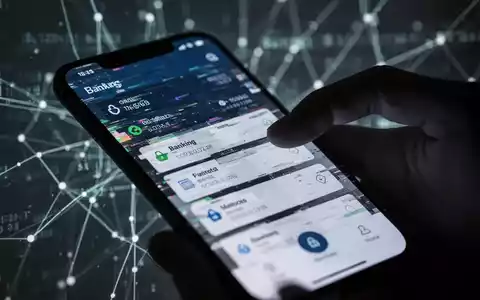 Ein Smartphone-Bildschirm zeigt eine verzerrte Banking-App, eine schemenhafte Hand greift danach. Im Hintergrund leuchten Datenlinien. - Foto: über boerse-global.de