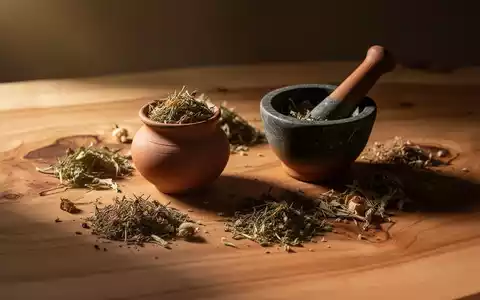 Eine ruhige Szene mit traditionellen ayurvedischen Elementen: ein Tontopf, getrocknete Kräuter und ein Mörser auf Holz. - Foto: über boerse-global.de