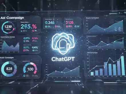 A futuristic digital interface with charts and graphs, overlaid with a subtle ChatGPT logo, representing an ads manager. - Foto: über boerse-global.de