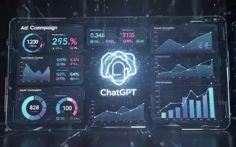 A futuristic digital interface with charts and graphs, overlaid with a subtle ChatGPT logo, representing an ads manager. - Foto: über boerse-global.de