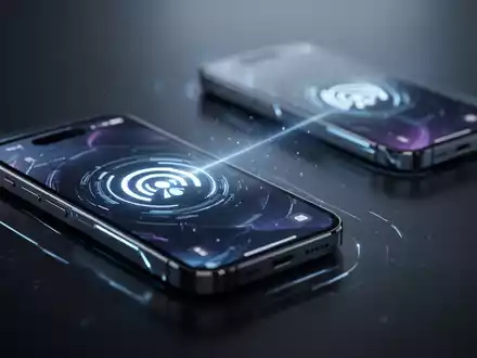 Two iPhones, one in focus displaying a network icon, the other slightly blurred in the background, connected by a subtle glow. - Foto: über boerse-global.de