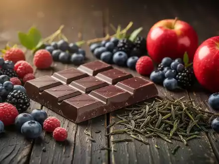 Nahaufnahme von flavanolreichen Lebensmitteln wie dunkler Schokolade, Beeren, Äpfeln und grünem Tee, die für Herzgesundheit stehen. - Foto: über boerse-global.de