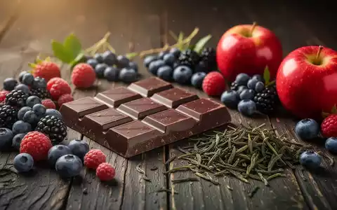 Nahaufnahme von flavanolreichen Lebensmitteln wie dunkler Schokolade, Beeren, Äpfeln und grünem Tee, die für Herzgesundheit stehen. - Foto: über boerse-global.de