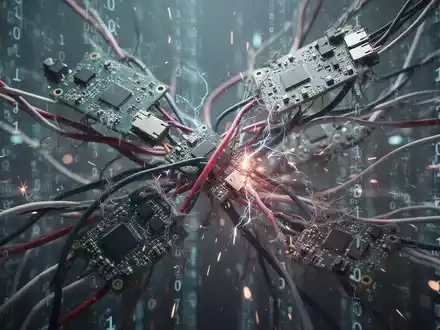 Abstrakte Darstellung von digitalen Problemen: verhedderte Kabel und Leiterplatten mit leuchtenden Datenströmen im Hintergrund, die Chaos symbolisieren. - Foto: über boerse-global.de