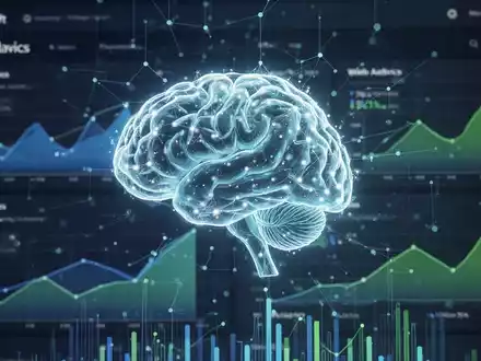 A glowing, stylized neural network icon overlaid on a digital dashboard showing web analytics charts, representing AI-powered data analysis. - Foto: über boerse-global.de