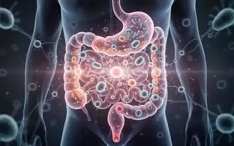 Abstrakte Darstellung des Darmmikrobioms mit leuchtenden Mikroorganismen und angedeuteten hormonellen Signalwegen. - Foto: über boerse-global.de