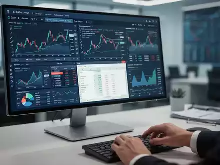 Ein stilisiertes Cockpit-Interface auf einem Monitor mit Finanzdaten und einer Hand, die eine Tastatur bedient. - Foto: über boerse-global.de