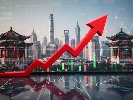 Eine rote Börsenpfeil-Grafik zeigt nach oben, mit einer stilisierten chinesischen Stadtlandschaft im Hintergrund. - Foto: über boerse-global.de