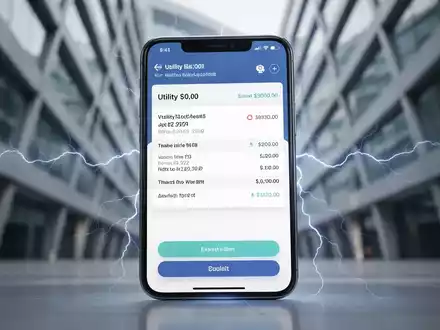 A smartphone displaying a digital utility bill with a blurred background of modern architecture and subtle electric current designs. - Foto: ĂŒber boerse-global.de