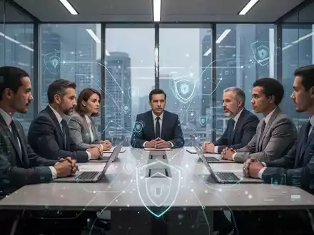 Finanzfachleute diskutieren Compliance-Richtlinien in einem modernen Büro mit digitalen Überlagerungen, die Datensicherheit darstellen. - Foto: über boerse-global.de