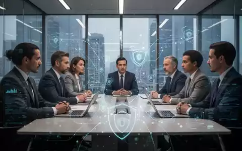Finanzfachleute diskutieren Compliance-Richtlinien in einem modernen Büro mit digitalen Überlagerungen, die Datensicherheit darstellen. - Foto: über boerse-global.de