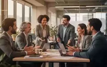 Eine Gruppe von Fachkräften in einem modernen Büroraum, die sich engagiert unterhalten und zusammenarbeiten. Fokus auf positive Interaktion. - Foto: über boerse-global.de