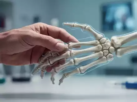 Eine menschliche Hand berührt sanft eine Skeletthand, symbolisiert das Risiko von Osteoporose bei Rheumatoider Arthritis. - Foto: über boerse-global.de