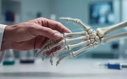 Eine menschliche Hand berührt sanft eine Skeletthand, symbolisiert das Risiko von Osteoporose bei Rheumatoider Arthritis. - Foto: über boerse-global.de