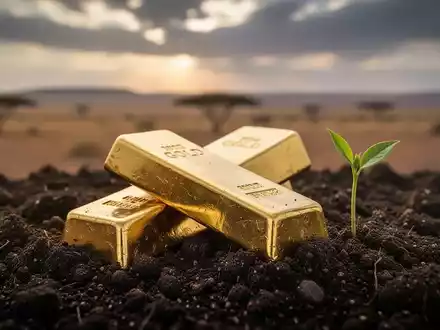Ein glänzender Goldbarren, teilweise in dunkler Erde vergraben, mit einem kleinen grünen Trieb daneben, vor einer afrikanischen Landschaft. - Foto: über boerse-global.de