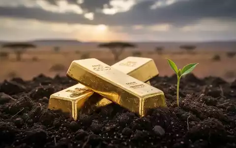 Ein glänzender Goldbarren, teilweise in dunkler Erde vergraben, mit einem kleinen grünen Trieb daneben, vor einer afrikanischen Landschaft. - Foto: über boerse-global.de