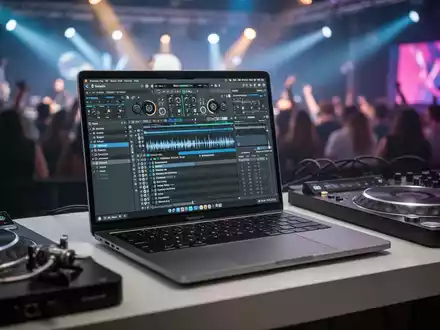 A sleek MacBook Air M4 laptop open on a modern DJ deck in a dim, vibrant club setting, displaying music production software. - Foto: über boerse-global.de