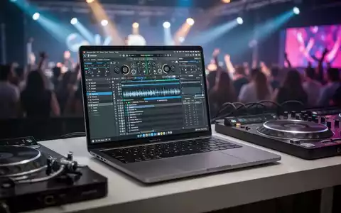 A sleek MacBook Air M4 laptop open on a modern DJ deck in a dim, vibrant club setting, displaying music production software. - Foto: über boerse-global.de