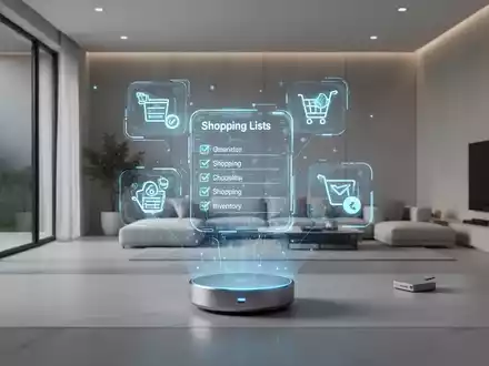 Ein minimalistisches Zuhause mit einem schwebenden holografischen Display, das KI-gestützte Haushaltsmanagement-Symbole anzeigt. - Foto: über boerse-global.de