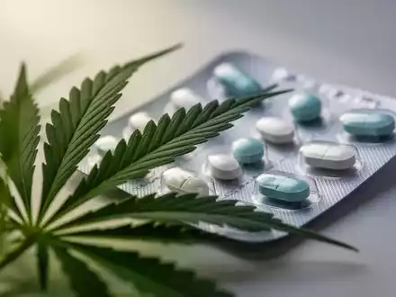 Ein verschwommenes Cannabisblatt im Vordergrund, dahinter ein scharfer Blisterpack mit Medikamenten. - Foto: über boerse-global.de