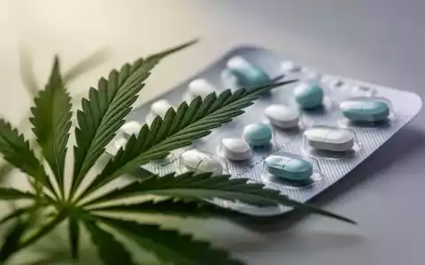 Ein verschwommenes Cannabisblatt im Vordergrund, dahinter ein scharfer Blisterpack mit Medikamenten. - Foto: über boerse-global.de