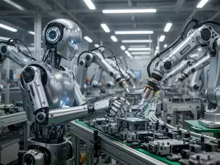 A humanoid robot with a metallic design on an assembly line in a modern factory, handling components with its robotic arms. - Foto: über boerse-global.de