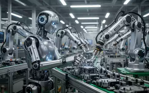 A humanoid robot with a metallic design on an assembly line in a modern factory, handling components with its robotic arms. - Foto: über boerse-global.de