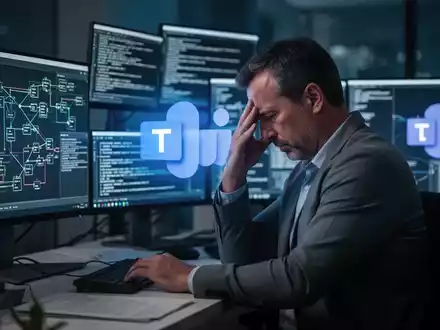 Ein gestresster IT-Leiter sitzt in einem Büro vor mehreren Bildschirmen, die technische Probleme anzeigen, symbolisch für Microsoft Teams. - Foto: über boerse-global.de
