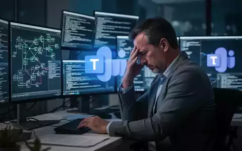 Ein gestresster IT-Leiter sitzt in einem Büro vor mehreren Bildschirmen, die technische Probleme anzeigen, symbolisch für Microsoft Teams. - Foto: über boerse-global.de