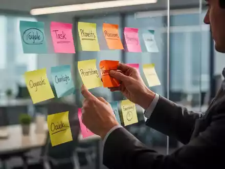 Eine Person ordnet farbige Haftnotizen auf einer Glastafel in einem modernen Büro, symbolisiert Selbstorganisation und Priorisierung von Aufgaben. - Foto: über boerse-global.de
