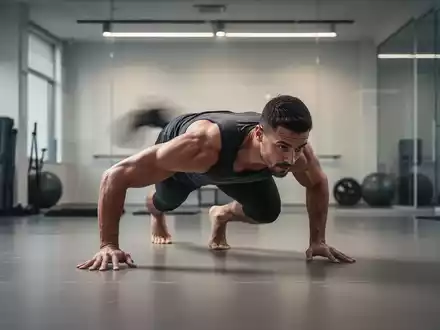 Eine Person führt eine Animal Flow Übung auf allen Vieren in einem modernen Fitnessstudio aus, die an einen Bären- oder Krabbengang erinnert. - Foto: über boerse-global.de