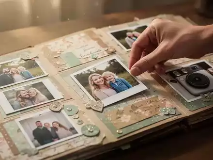 Ein offenes Scrapbook mit Fotos, Verzierungen und Papieren. Eine Hand legt ein neues Foto auf eine Seite. - Foto: über boerse-global.de