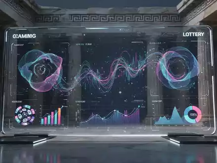 Abstrakte digitale Schnittstelle mit Datenvisualisierungen für Glücksspiele und Lotterien, im Hintergrund angedeutete griechische Architektur. - Foto: über boerse-global.de