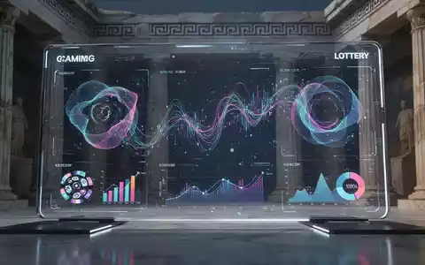 Abstrakte digitale Schnittstelle mit Datenvisualisierungen für Glücksspiele und Lotterien, im Hintergrund angedeutete griechische Architektur. - Foto: über boerse-global.de