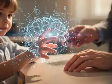 A child's hand touching a futuristic, glowing digital screen, with a parent's hand nearby, illustrating AI in education. - Foto: über boerse-global.de