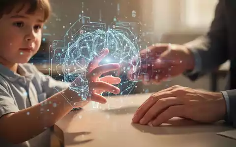 A child's hand touching a futuristic, glowing digital screen, with a parent's hand nearby, illustrating AI in education. - Foto: über boerse-global.de