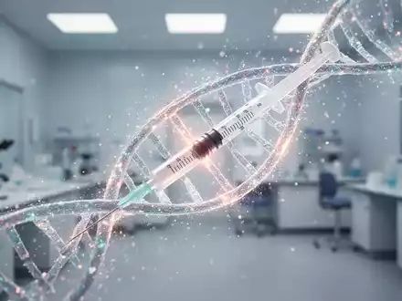 Eine stilisierte, leuchtende DNA-Helix verflechtet sich mit einer Spritze, umgeben von schimmernden Partikeln in einem Labor. - Foto: über boerse-global.de