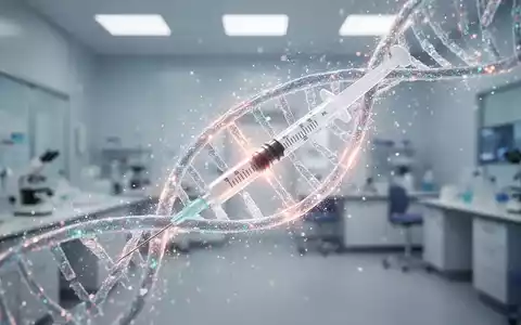 Eine stilisierte, leuchtende DNA-Helix verflechtet sich mit einer Spritze, umgeben von schimmernden Partikeln in einem Labor. - Foto: über boerse-global.de