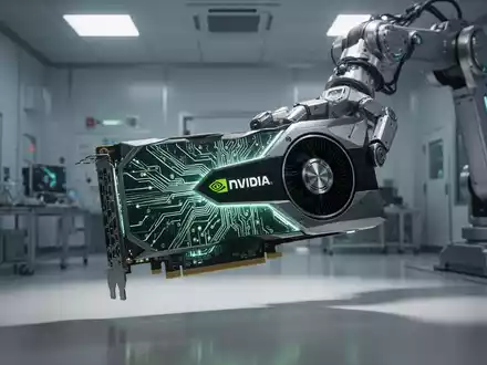 A close-up of a futuristic NVIDIA graphics card with glowing green lines, held by a robotic arm in a dimly lit, high-tech environment. - Foto: über boerse-global.de