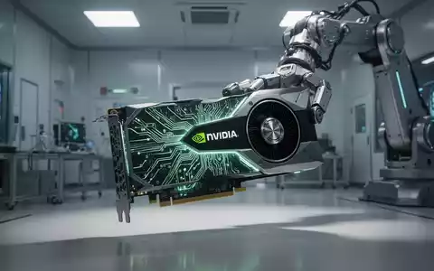 A close-up of a futuristic NVIDIA graphics card with glowing green lines, held by a robotic arm in a dimly lit, high-tech environment. - Foto: über boerse-global.de