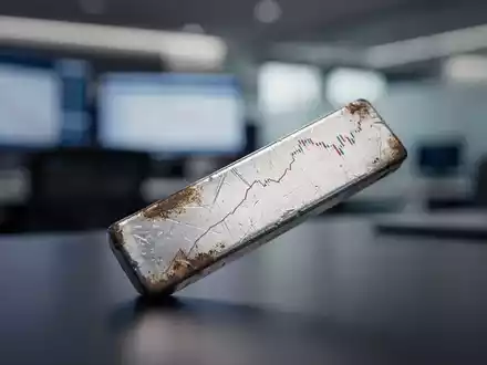 Ein silberner Barren, der einen Abwärtstrend widerspiegelt, in einem Finanzbüro, der einen starken Wertverlust symbolisiert. - Foto: über boerse-global.de