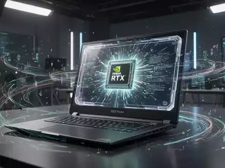 Close-up of a sleek ASUS ProArt laptop with a glowing NVIDIA RTX Spark chip and digital data streams, in a high-tech studio. - Foto: über boerse-global.de
