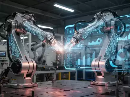 Ein Roboterarm mit leuchtenden Schaltkreisen arbeitet in einer modernen Fabrik mit einer digitalen Anzeige. - Foto: über boerse-global.de
