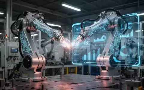 Ein Roboterarm mit leuchtenden Schaltkreisen arbeitet in einer modernen Fabrik mit einer digitalen Anzeige. - Foto: über boerse-global.de