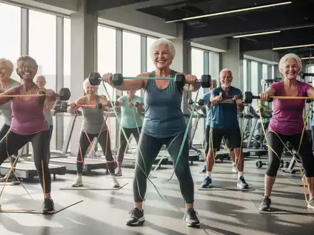 Eine Gruppe lachender Senioren trainiert in einem modernen Fitnessstudio mit leichten Gewichten und Widerstandsbändern. - Foto: über boerse-global.de