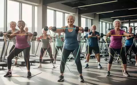 Eine Gruppe lachender Senioren trainiert in einem modernen Fitnessstudio mit leichten Gewichten und Widerstandsbändern. - Foto: über boerse-global.de