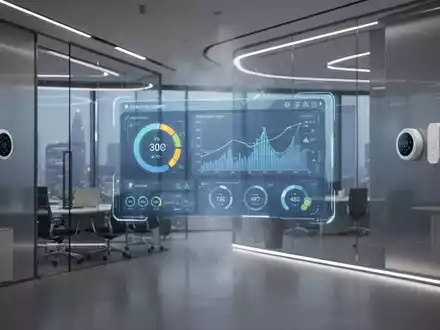 Ein modernes Bürointerieur mit einem digitalen Bildschirm, der intelligente Gebäudetechnologie zur Klimasteuerung und Energieverwaltung anzeigt. - Foto: über boerse-global.de