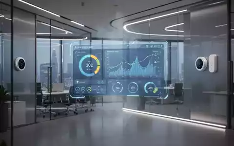 Ein modernes Bürointerieur mit einem digitalen Bildschirm, der intelligente Gebäudetechnologie zur Klimasteuerung und Energieverwaltung anzeigt. - Foto: über boerse-global.de