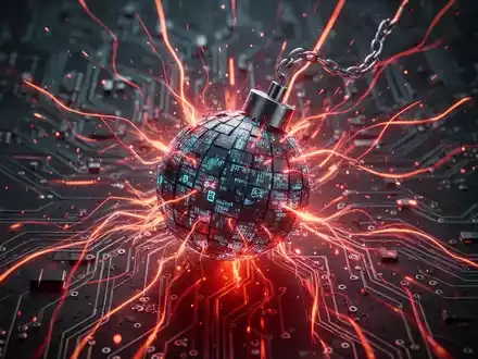 Abstrakte Darstellung einer digitalen Bombe oder explodierenden Netzwerkpakets, umgeben von roten Linien und Schaltkreisen, symbolisiert eine kritische Schwachstelle. - Foto: über boerse-global.de